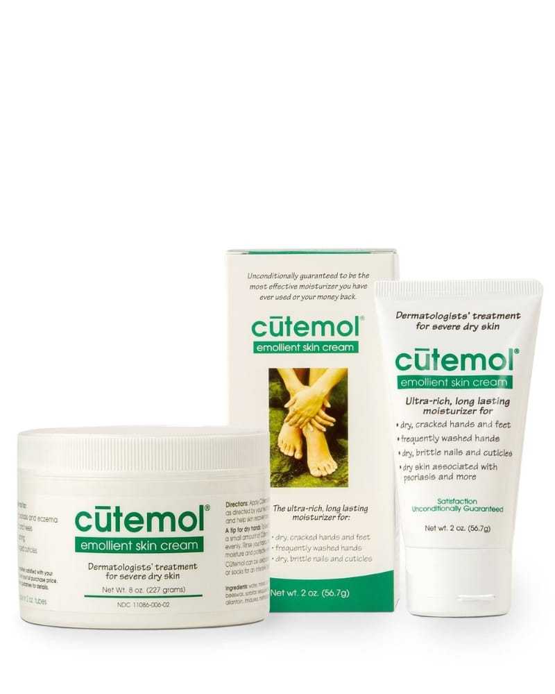 Cutemol emollient skin cream packaging with tub and tube for dry skin treatment.