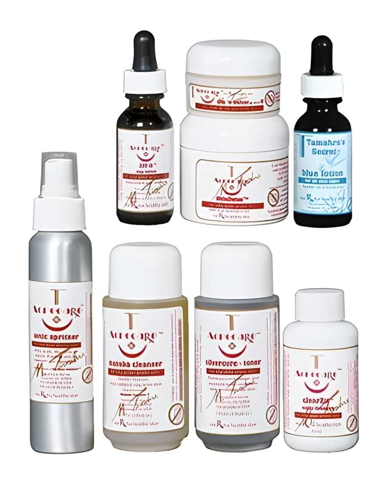 Skincare products including serums, creams, and toners in labeled bottles and jars.