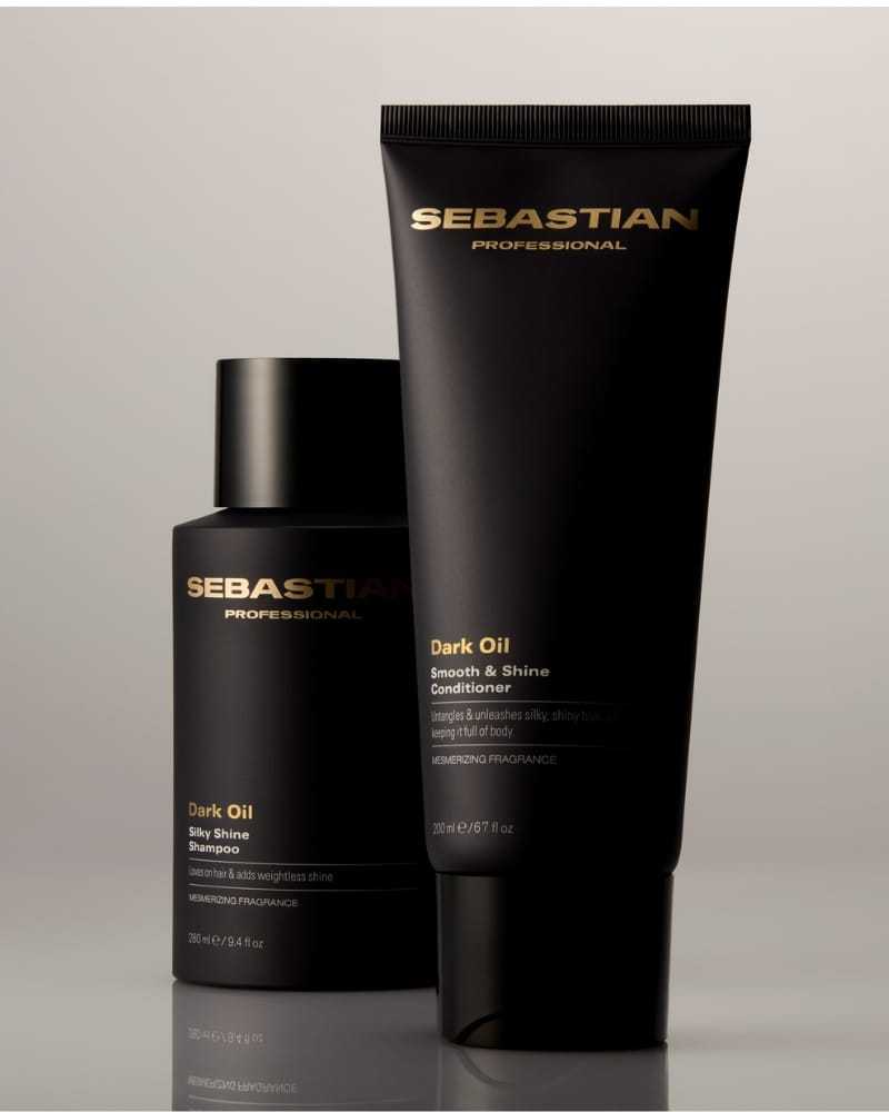 Sebastian shampoo and conditioner bottles on a neutral background.