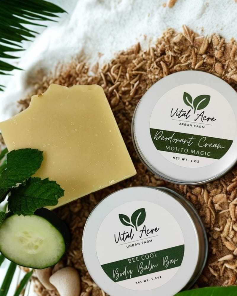 Eco-friendly skincare products on a nature-inspired background with mint and cucumber.